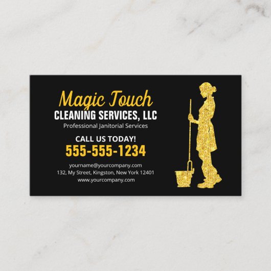Zwart Goud Glitter Janitorial Maid House Schoonmaa Visitekaartje (Voorkant)