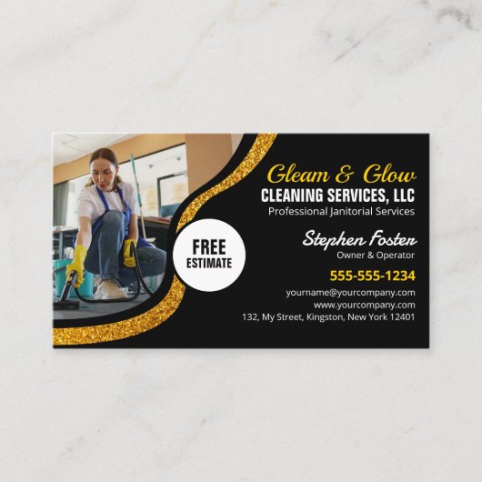 Zwart Goud Glitter Janitorial Schoonmaak Service Visitekaartje (Voorkant)