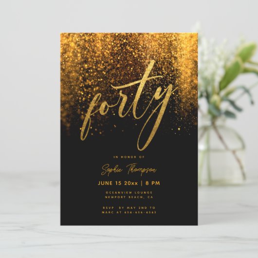 Zwart Goud Glitter Kalligrafie Elegant 40 Verjaard Kaart (Staand voorkant)