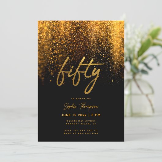Zwart Goud Glitter Kalligrafie Elegant 50 Verjaard Kaart (Staand voorkant)
