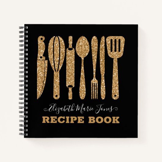 Zwart Goud Glitter Koken Utensil Recept 3 Ring B Notitieboek (Voorkant)