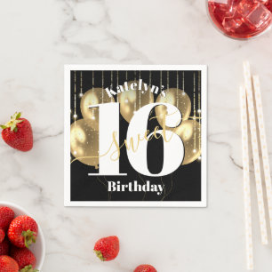 Zwart Goud Glitter Lief 16 Verjaardagsballonnen Ve Servet