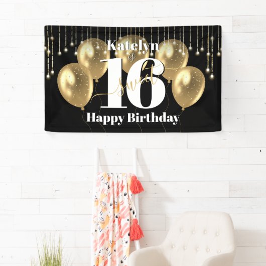Zwart Goud Glitter Lief 16 Verjaardagsballonnen Ve Spandoek (Insitu)