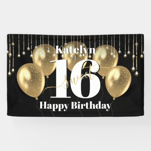 Zwart Goud Glitter Lief 16 Verjaardagsballonnen Ve Spandoek (Horizontaal)