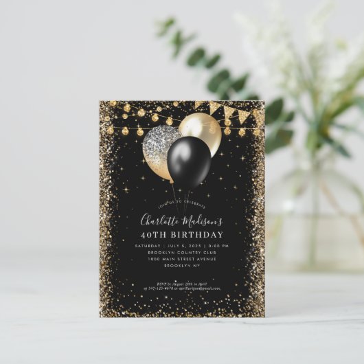 Zwart Goud Glitter Lights Ballon Any Age Verjaarda Briefkaart (Staand voorkant)