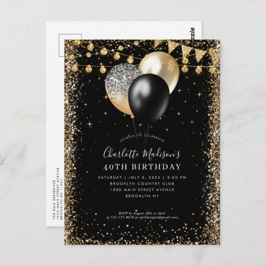 Zwart Goud Glitter Lights Ballon Any Age Verjaarda Briefkaart (Voorkant / Achterkant)