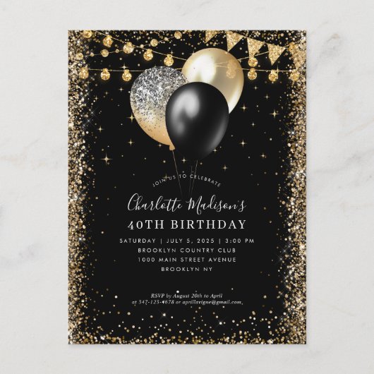Zwart Goud Glitter Lights Ballon Any Age Verjaarda Briefkaart (Voorkant)