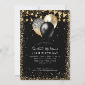 Zwart Goud Glitter Lights Ballon Any Age Verjaarda Kaart (Voorkant)