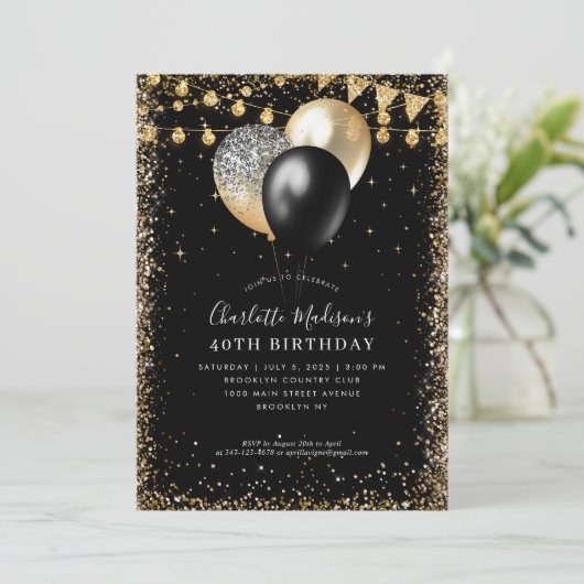 Zwart Goud Glitter Lights Ballon Any Age Verjaarda Kaart (Staand voorkant)