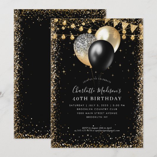 Zwart Goud Glitter Lights Ballon Any Age Verjaarda Kaart (Voorkant / Achterkant)