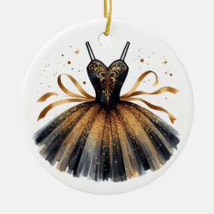 ZWART & GOUD GLITTER LOOK BALLET TUTU KERAMISCH ORNAMENT