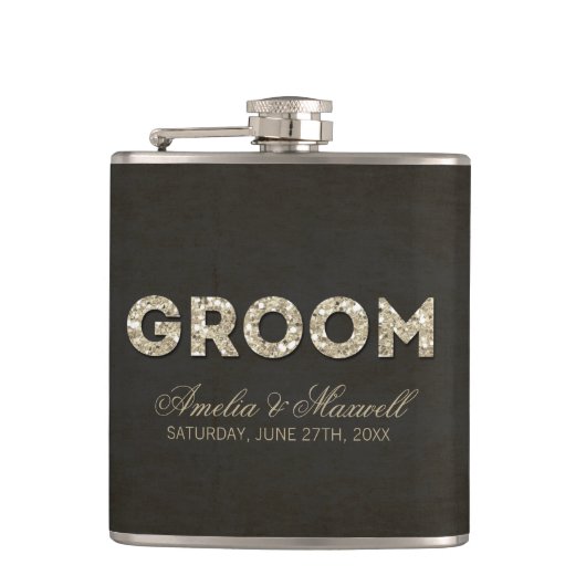 Zwart & Goud Glitter Look Groom Flask Heupfles (Voorkant)