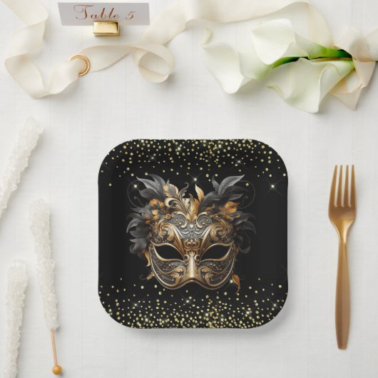 Zwart Goud Glitter Mardi Gras Papier Bord (Huwelijk)