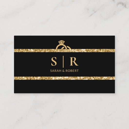 Zwart & Goud Glitter Monogram Bruiloft Details RSV Informatiekaartje (Achterkant)