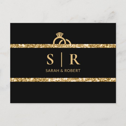 Zwart & Goud Glitter Monogram Initiaal Bruiloft RS Briefkaart (Voorkant)