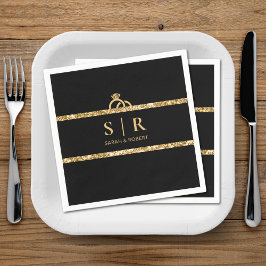 Zwart & Goud Glitter Monogram Initiaal Bruiloft Servet