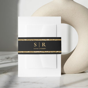 Zwart & Goud Glitter Monogram Initiaal Bruiloft Uitnodigingen Wikkel