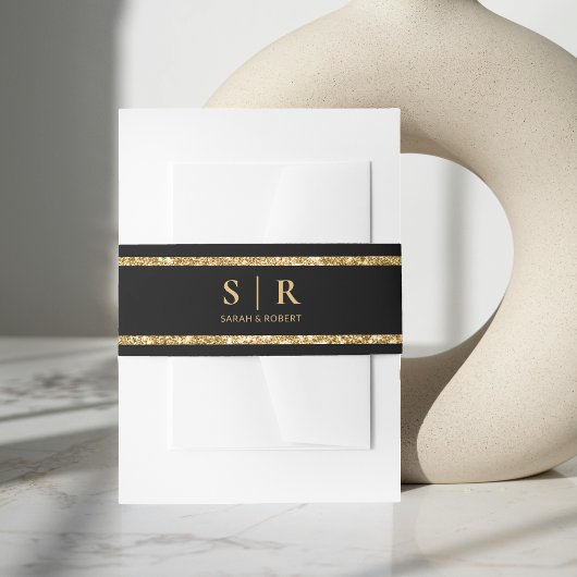 Zwart & Goud Glitter Monogram Initiaal Bruiloft Uitnodigingen Wikkel