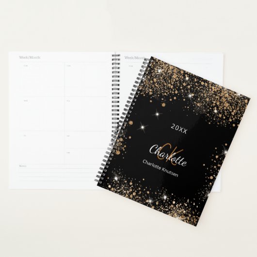 Zwart goud glitter monogram initialen 2026 planner (Display)