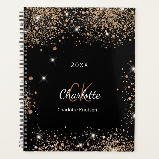 Zwart goud glitter monogram initialen 2026 planner (Voorkant)