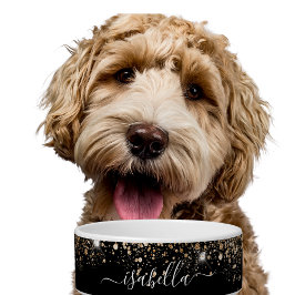 Zwart goud glitter naam script pet voerbakje