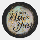 Zwart Goud Glitter Nieuwjaar Ronde Sticker (Voorkant)