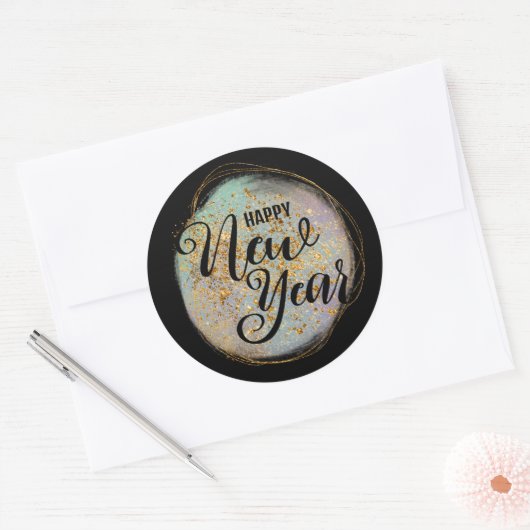 Zwart Goud Glitter Nieuwjaar Ronde Sticker (Envelop)