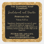 Zwart & Goud Glitter Parfum Roller Flessenlabel Vierkante Sticker (Voorkant)