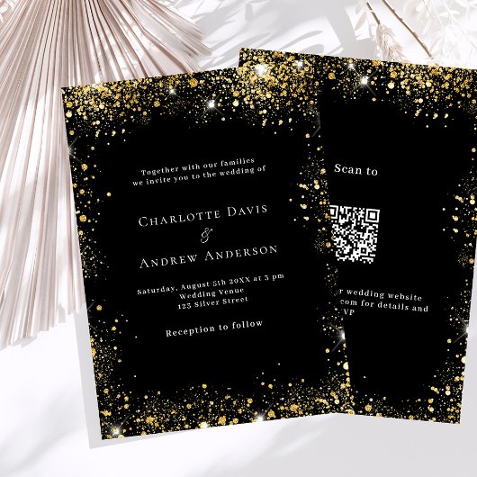 Zwart goud glitter QR code RSVP details bruiloft Kaart