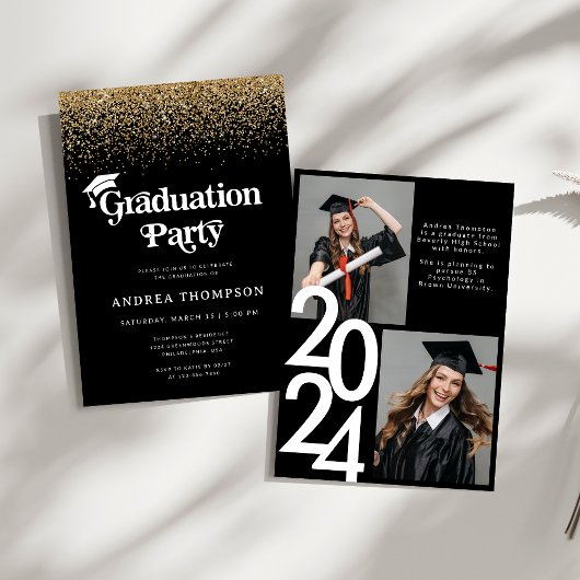 Zwart Goud Glitter Retro Graduation Party Foto Kaart