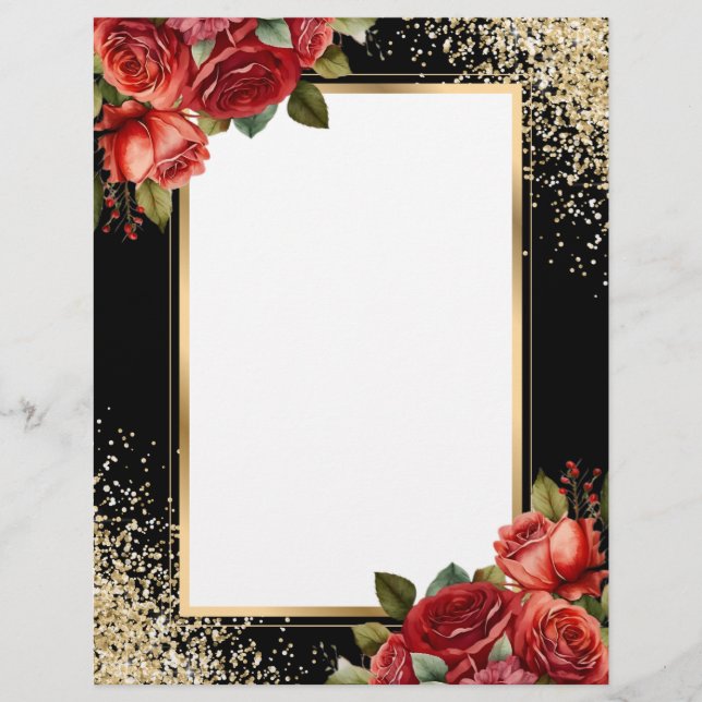 Zwart Goud Glitter Rode Rozen Briefhoofd (Voorkant)