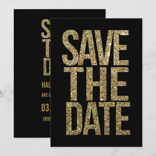 Zwart & Goud Glitter Save the Date Typografie (Voorkant / Achterkant)