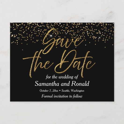 Zwart & Goud Glitter Save The Date Wedding Aankondigingskaart (Voorkant)