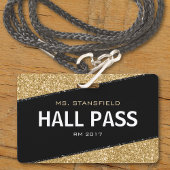 Zwart & Goud Glitter School Teacher Hall Pass Badge