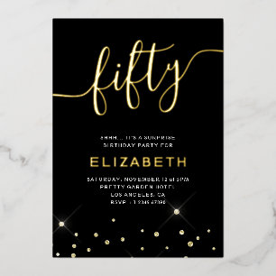 Zwart & Goud Glitter Schrift 50ste Verjaardagsfees Folie Uitnodiging