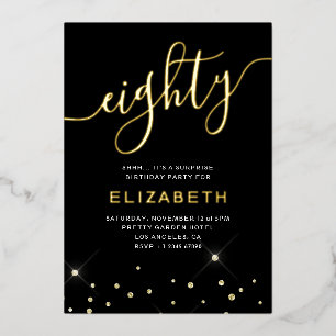 Zwart & Goud Glitter Script 80ste Verjaardagsfeest Folie Uitnodiging
