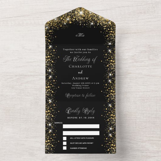 Zwart goud glitter script bruiloft all in one uitnodiging (Binnen)
