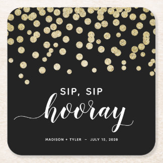 Zwart & Goud Glitter Sip Hoera Fun Wedding Kartonnen Onderzetters