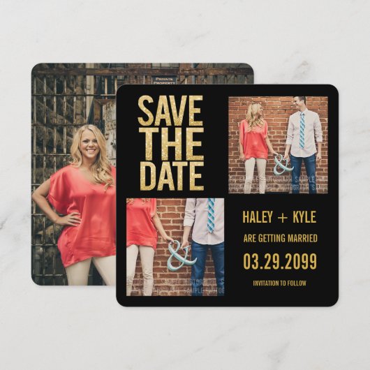 Zwart & Goud Glitter Sla de datum Fotokaarten op Kaart (Voorkant / Achterkant)