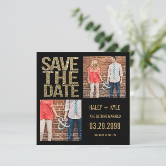 Zwart & Goud Glitter Sla de datum Fotokaarten op Save The Date (Staand voorkant)