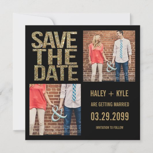 Zwart & Goud Glitter Sla de datum Fotokaarten op Save The Date (Voorkant)