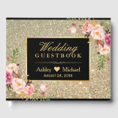 Zwart Goud Glitter Sparkles Floral Wedding Gastenboek (Voorkant)