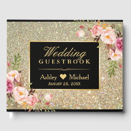Zwart Goud Glitter Sparkles Floral Wedding Gastenboek