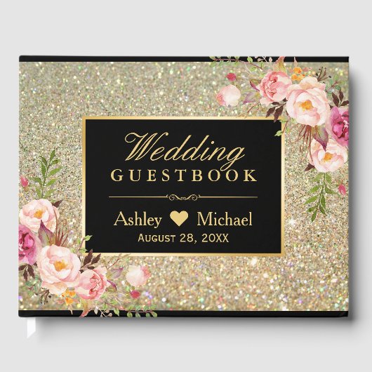 Zwart Goud Glitter Sparkles Floral Wedding Gastenboek (Voorkant)