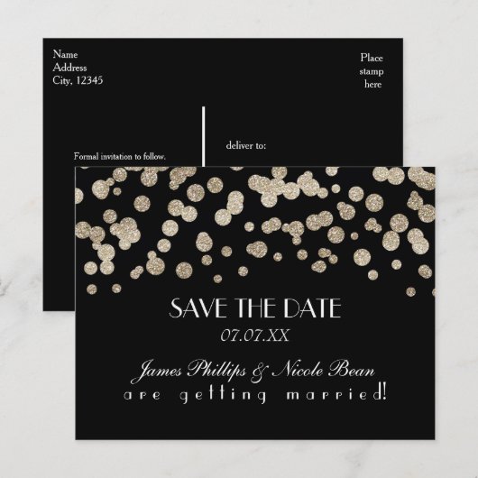 Zwart & Goud Glitter Stippen Save The Date Briefka Aankondigingskaart (Voorkant / Achterkant)