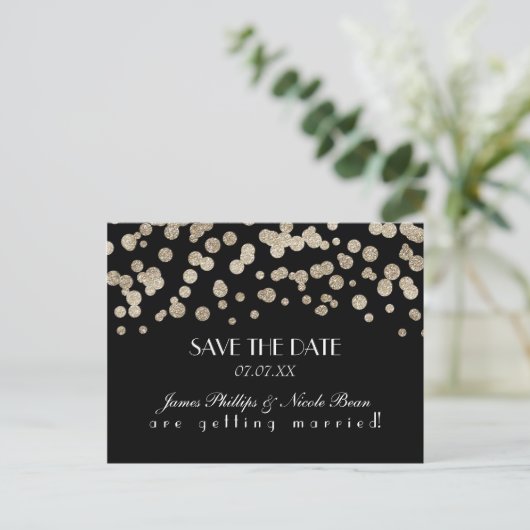 Zwart & Goud Glitter Stippen Save The Date Briefka Aankondigingskaart (Staand voorkant)