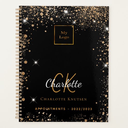 Zwart goud glitter stof business logo 2024 planner (Voorkant)