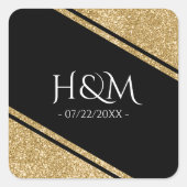 Zwart & Goud Glitter Streep Bruiloft Favor Vierkante Sticker (Voorkant)