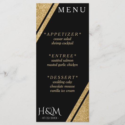 Zwart & Goud Glitter Streep Bruiloft Receptie Menu (Voorkant)