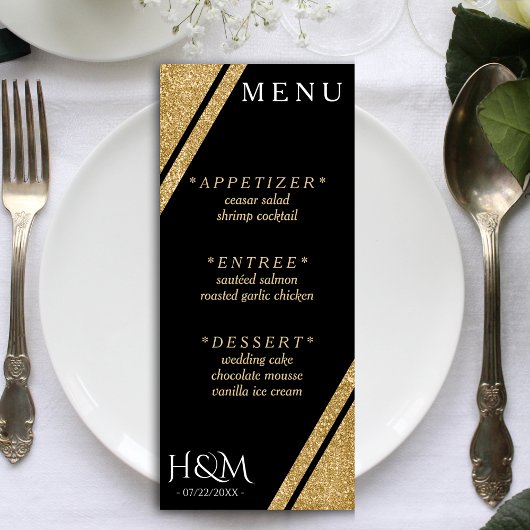 Zwart & Goud Glitter Streep Bruiloft Receptie Menu